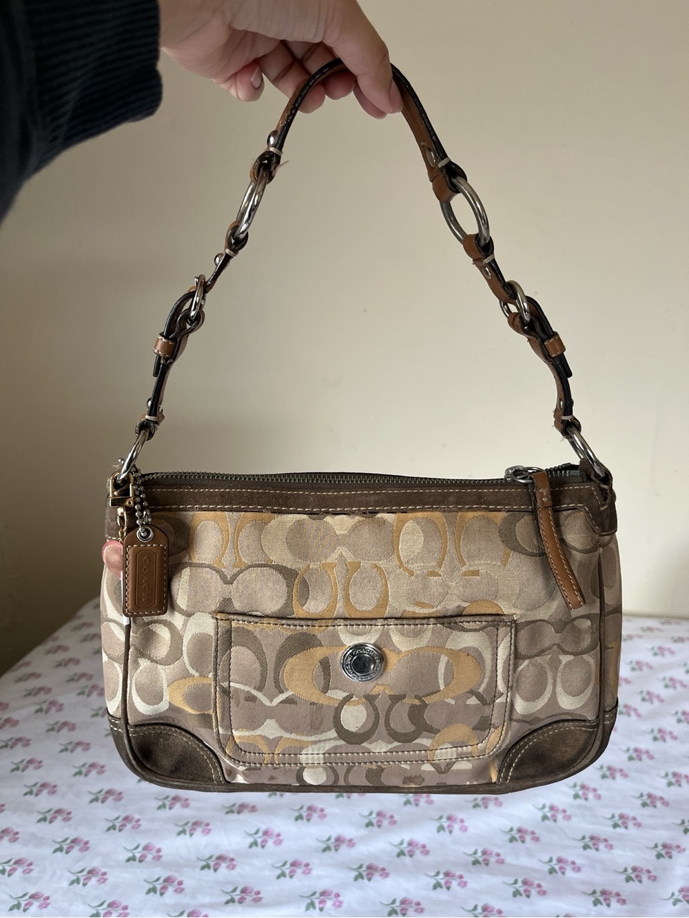 Coach Beige and Brown Signature Jacquard Shoulder Bag